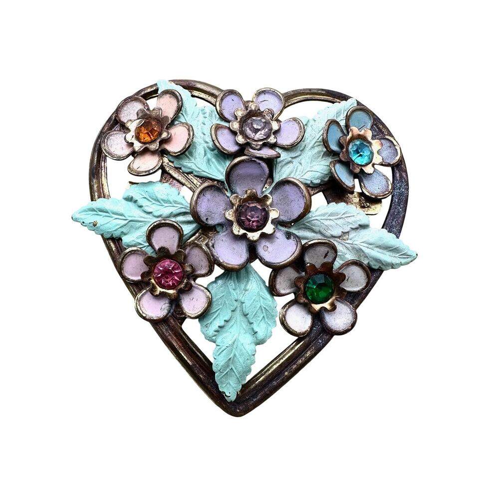 Vintage MCM Large Heart Brooch with Enamel and Rhinestones - 1940's - 1950's